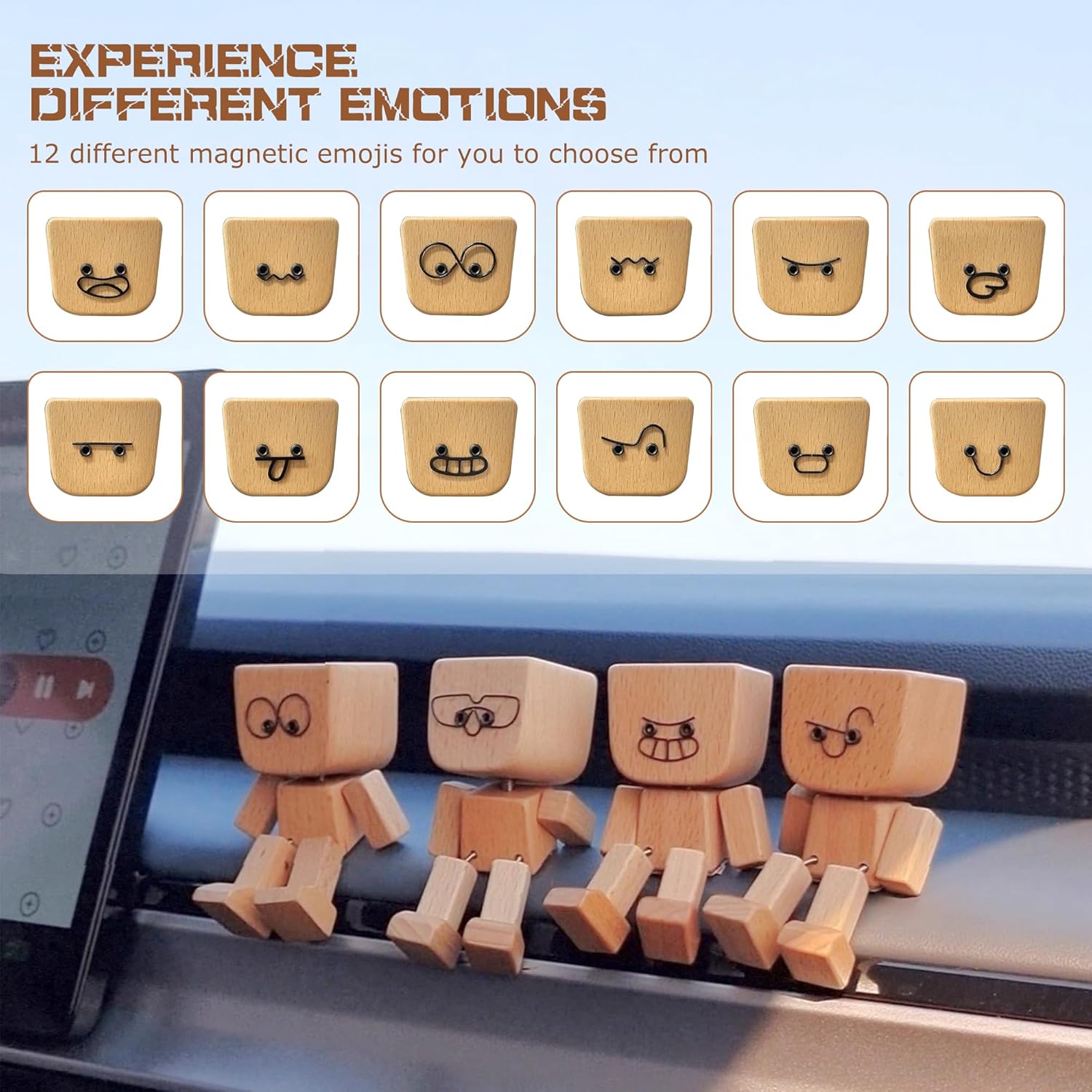 MUNBYN  Shaking Feet Wooden Doll - Shaking Wooden Man Figurine for Car Dashboard Decorations, with 12PCS Magnetic Expressions, Funny Bobblehead Desk Decor for Office Home, Creative Gift Idea