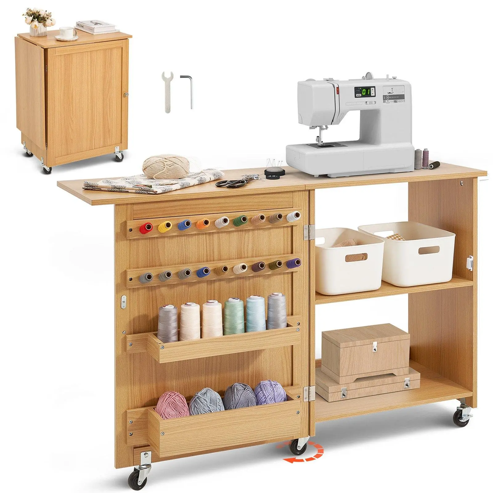 【Summerfinds】Wood Color Folding Sewing Table with Lockable Wheels, Smooth Magnetic Trays, Storage Shelves, Decor Cabinet for Sewing Room, Organiser