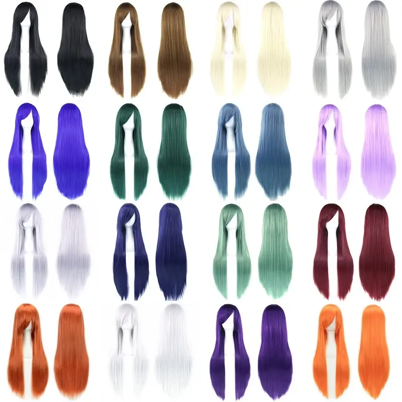 2026 NEW 80cm Long Synthetic Hair White Purple Cosplay Wigs Party Black Hair Straight Wig Hairpiece for Women