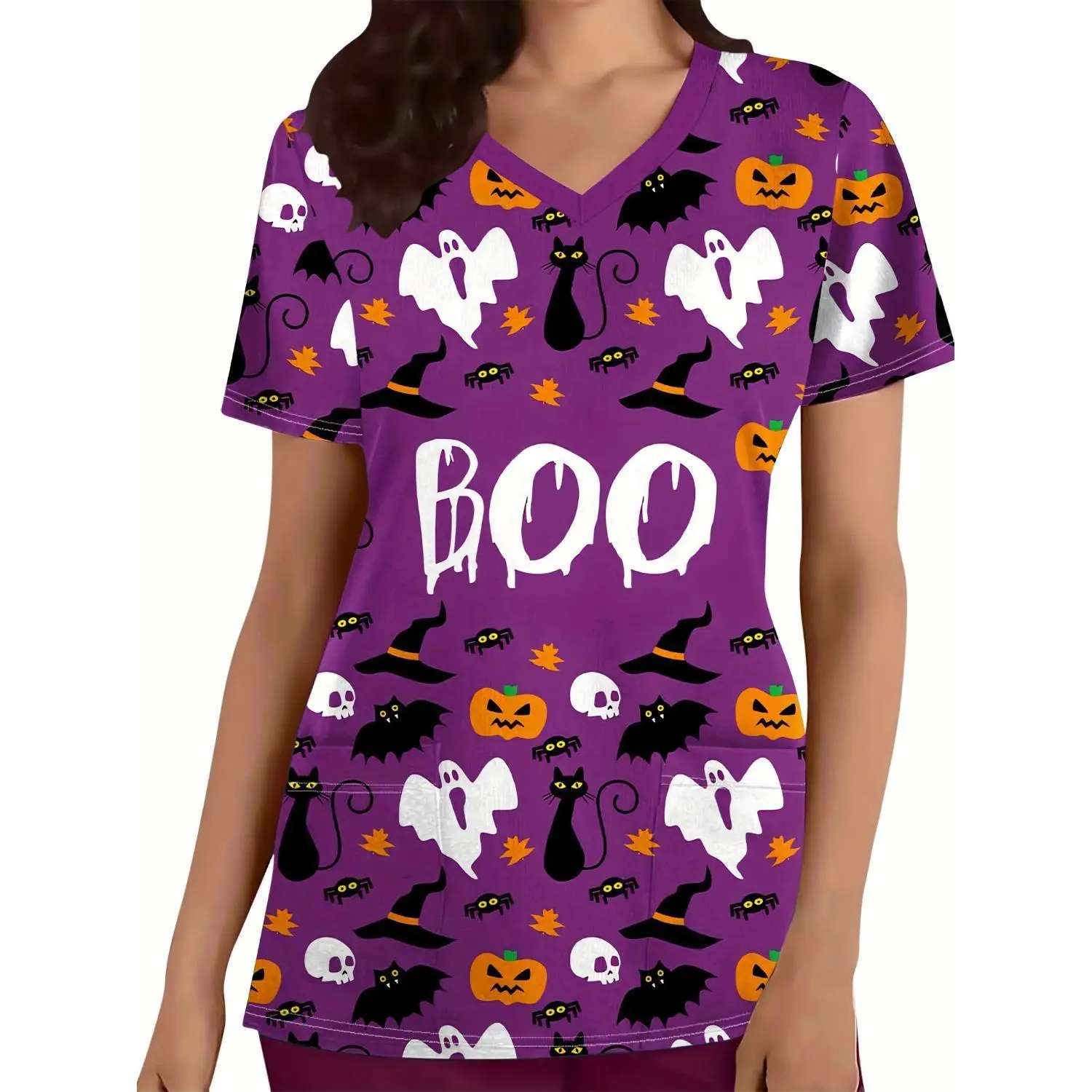 V-neck Halloween Print Scrub Top: Comfortable & Functional Healthcare Uniform for Hospital & Dental Office, Women's Workwear