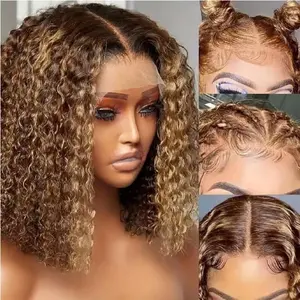 #4/27 Highlight Curly BOB Wig Human Hair 13x4 HD Lace Front Wigs Pre Plucked  Wave Human Hair Colored Wigs Human Hair Bob Wig for Black Women 180 Density wigs (Brown, 16inch)