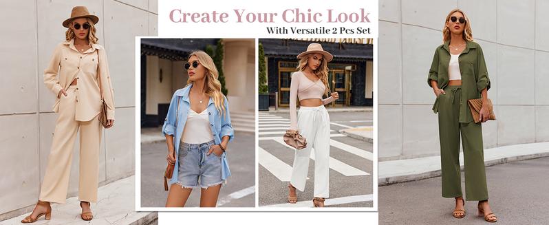 ZEAGOO Women 2 Piece Linen Sets Button Down Shirt and Drawstring Long Pants Set Summer Outfits