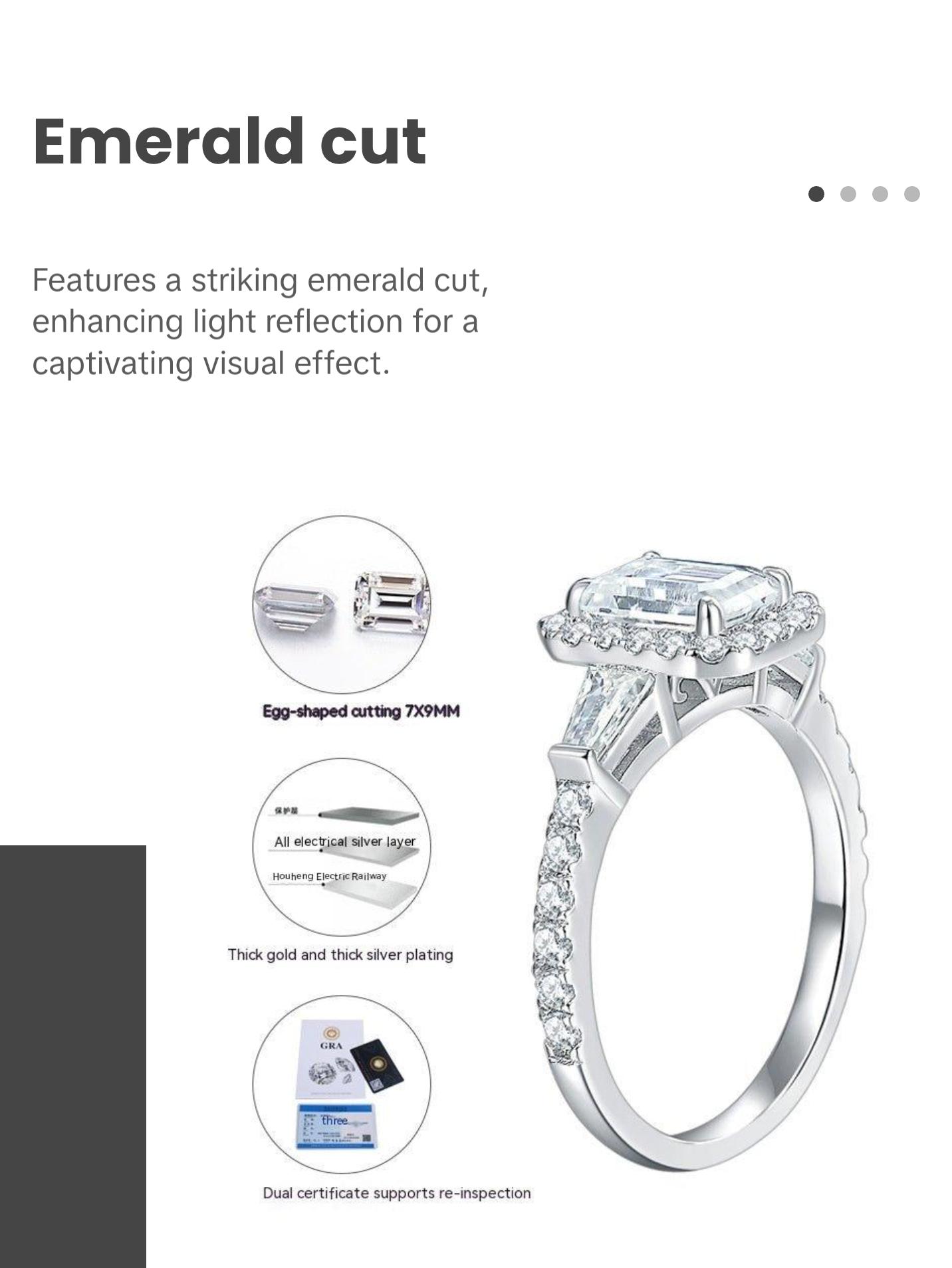 925 Sterling Silver D-color Emerald Cut Moissanite Ring