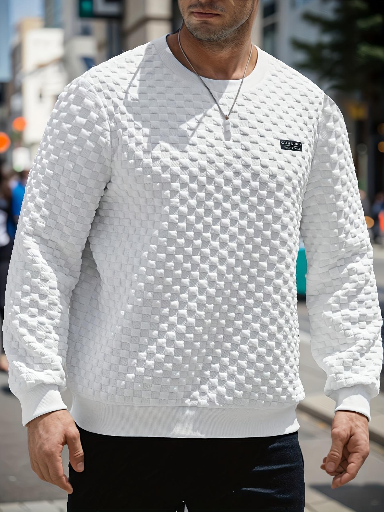 Men's fashionable checkered pattern long sleeved round neck sports shirt, made of 100% polyester knitted fabric, casual regular style, moderate elasticity, solid color cut with printed details, weighing 8.47 ounces per square meter. X