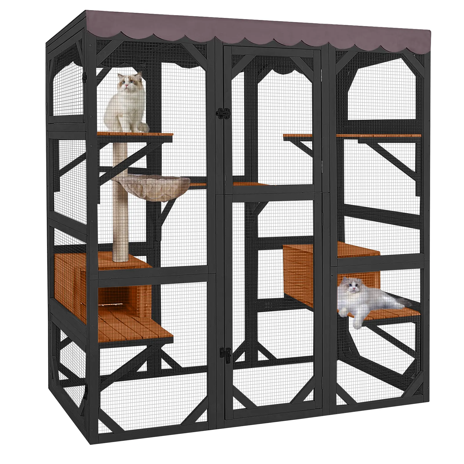 Aivituvin-AIR37-M Large Solid Wood Walk-in Mesh Cat Enclosure - Outdoor Kitty House with 64.2" Tall Access Door, Waterproof Roof Tarp, Corner Wooden Bars, Safe Shelter for Window or Cat Door Connection, Outdoor Access, Walk-In Enclosure