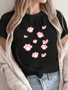 Women's Light Gray Paw Print SS T-Shirt: Pink Paw Print Cute Youthful, Crew Neck Short Sleeve, Machine-Washable Durable, Pet Lovers' Daily Wear