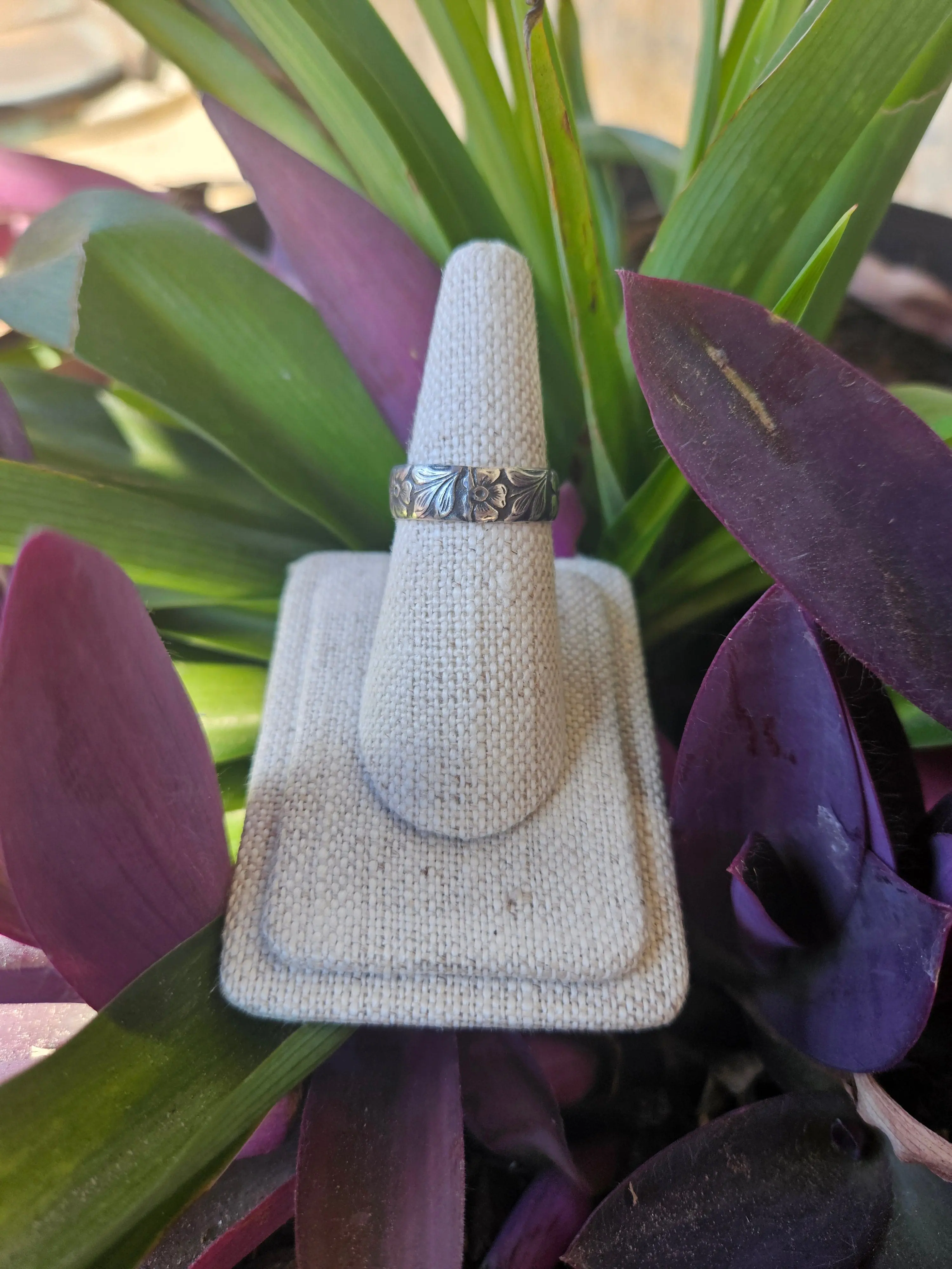 Floral Engraved Sterling Silver Ring