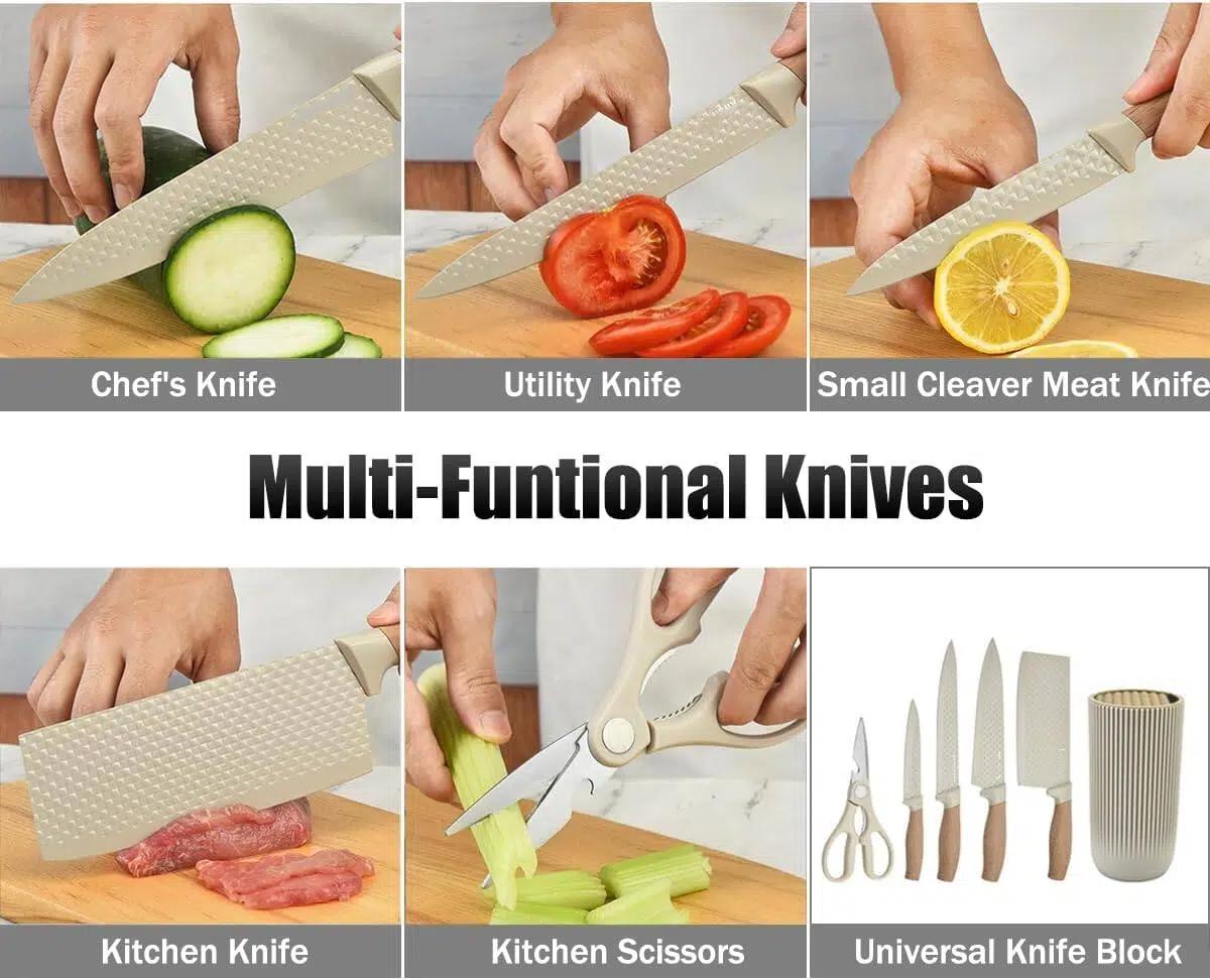 Knife Set,  6-Piece Kitchen Knife Set for Chef, Sharp Knife Set with Universal Knife Block, Anti-Rust Kitchen Knife Block Set, Stainless Steel Cutting and Ergonomic Wood Handle