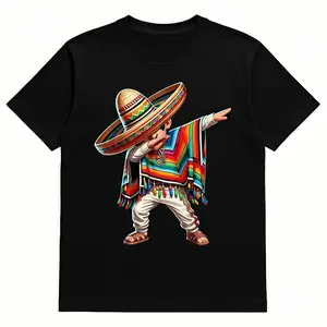 Men's Casual Cotton Graphic Crewneck Tee Featuring Mexican Sombrero Poncho Dab Dance Print for Fiesta Father's Day Gift Perfect Fall Streetwear