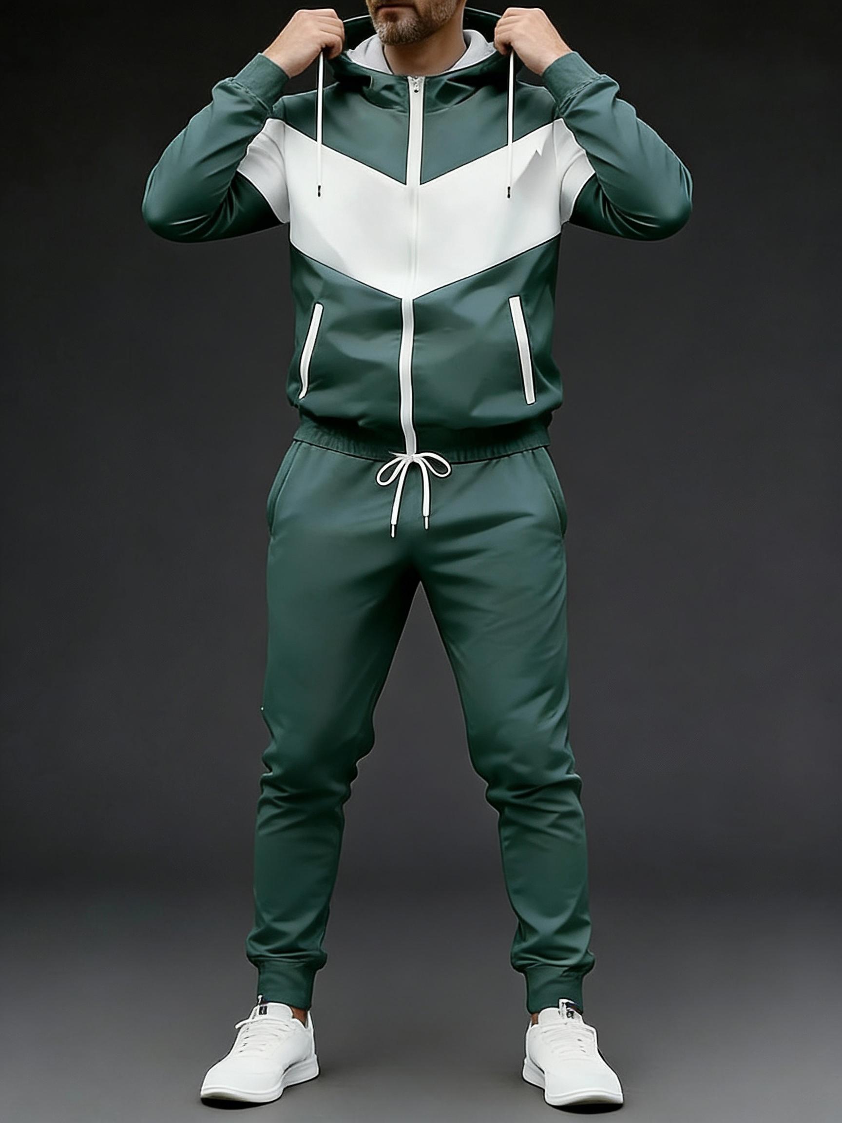 Stylish Contrast Color Block Tracksuit for Men Full Zip Hooded 2-Piece Casual Sportswear for Daily Leisure Activities Blue & White Stylish Contrast Color Block Tracksuit for Men Full Zip Hooded 2-Piece Casual Sportswear for Daily Leisure Activities Blue & White