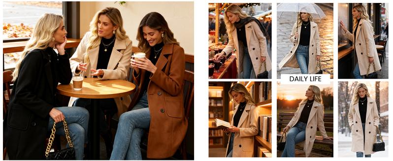 YeeZaa Women's Wool Blended Coat Notch Lapel Mid Long Single Breasted Pea Coat Jacket Outwear 2026 Spring Fall Winter Outfits
