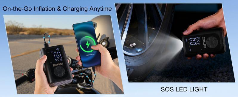 Easywox Portable Wireless Tire Inflator 150PSI Smart Air Pump with LED Light & Rechargeable Battery for Cars Motorcycles Bikes and Daily Use