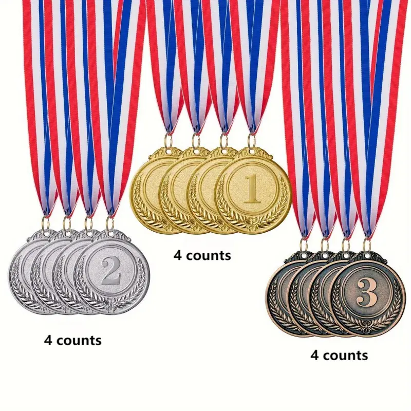 Set of 4 Gold Medals, 4 Silver Medals, and 4 Bronze Medals, Zinc Alloy Ceremonial Awards for Competitions, Parties and Ceremony, Medals for Events, Race Medal Display, 2 Inch Size Display