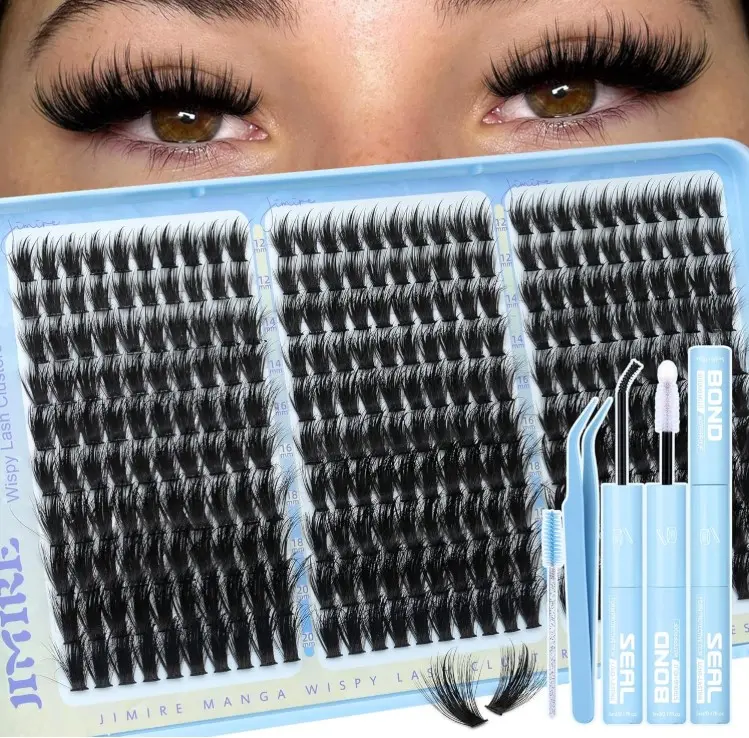 Lash Clusters Kit Manga Eyelash Clusters 300Pcs Wispy Lash Extension Kit with Bond and Lash 12-20MM D Curly Natural Lashes Clusters with Spikes by JIMIRE