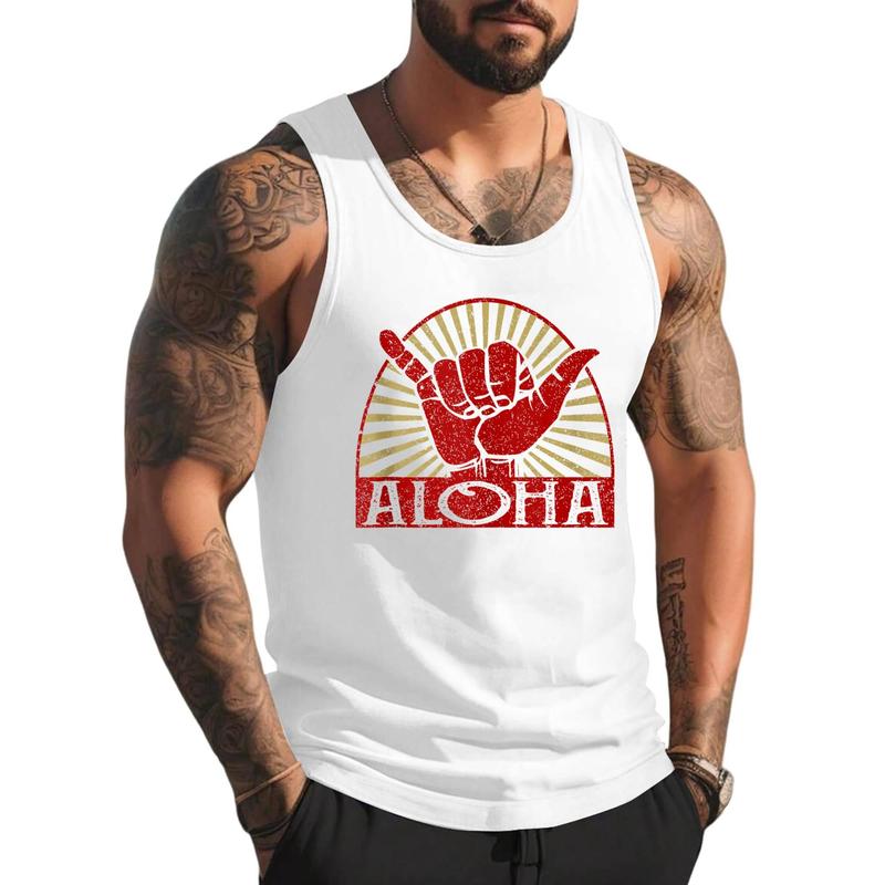 Style A 706 Aloha Hawaiian Hawaii Vintage Distressed Shaka Surfer Tank Top , Summer Gym Muscle Sleeveless, Casual Knitted Slim Fit Beach Tank top Fabric Menswear