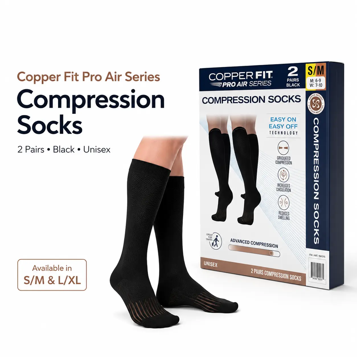 Copper Fit Pro Air Series Compression Socks, 2 Pairs, Black, Unisex, S/M & L/XL