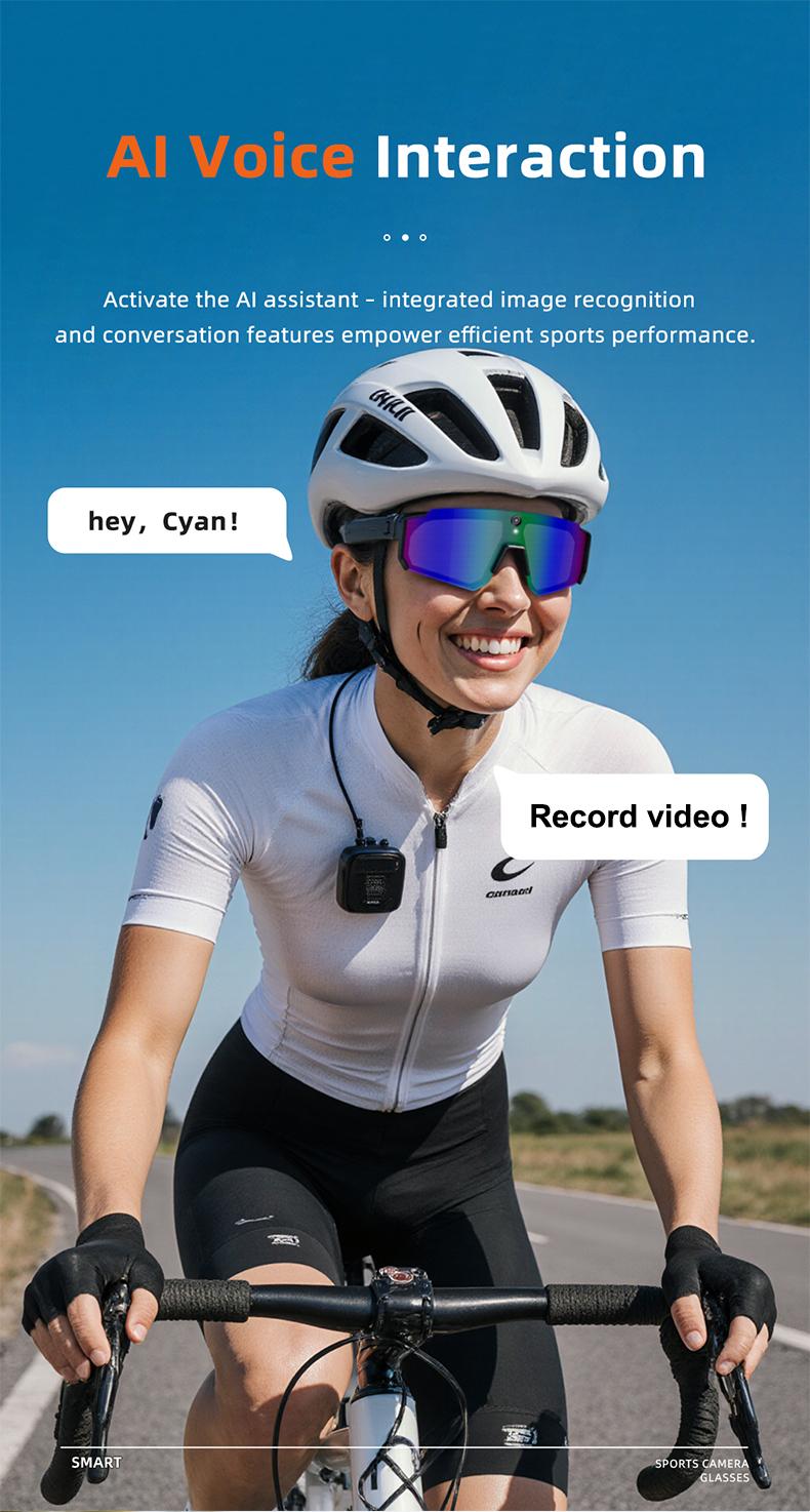 Smart Sports Glasses with 8MP Camera, 2K Photo/1200P Video Recording Wearable Glasses, IP54 Waterproof Multifunctional Wireless Audio Bluetooth Glasses with Headphone, Outdoor Sports Polarized Sunglasses with AI Voice Assistant, UV Protection Eyeglass