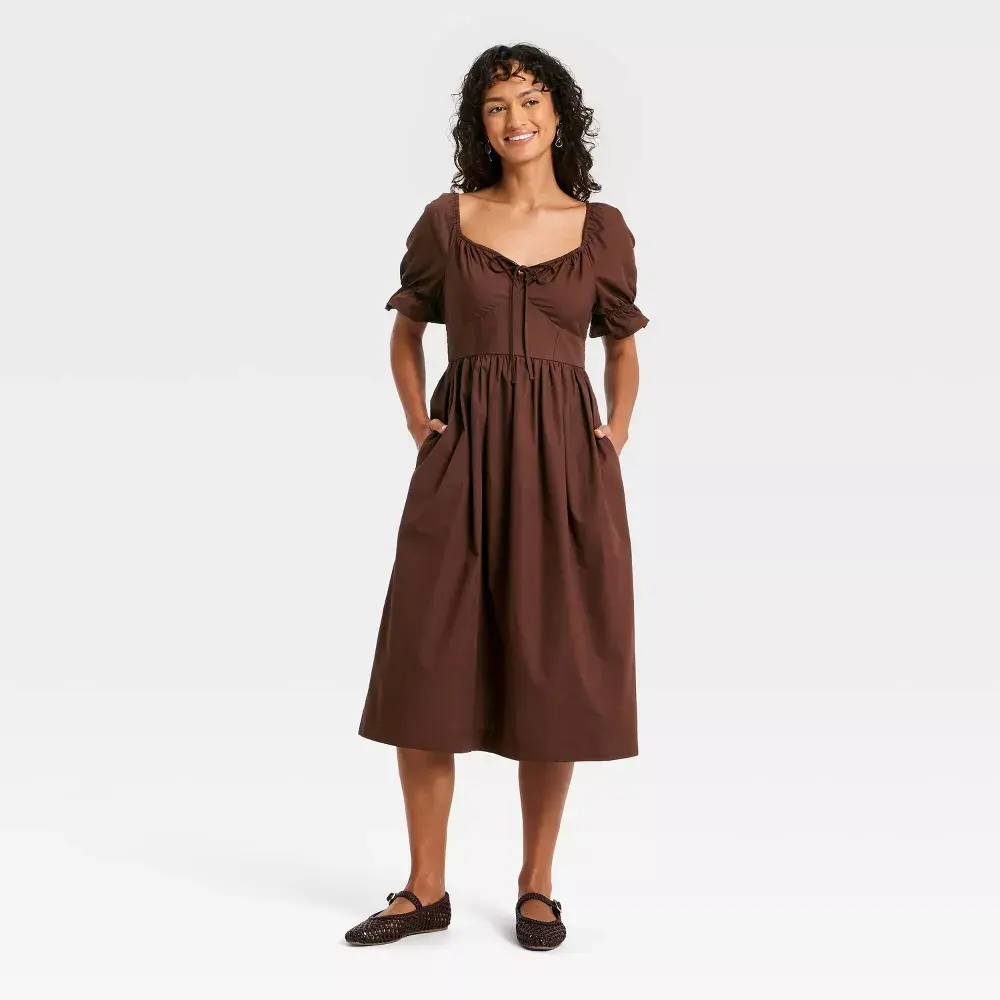 Women's Pullover Puff Elbow Sleeve Smocked Cotton Woven Midi A-Line Casual Dress