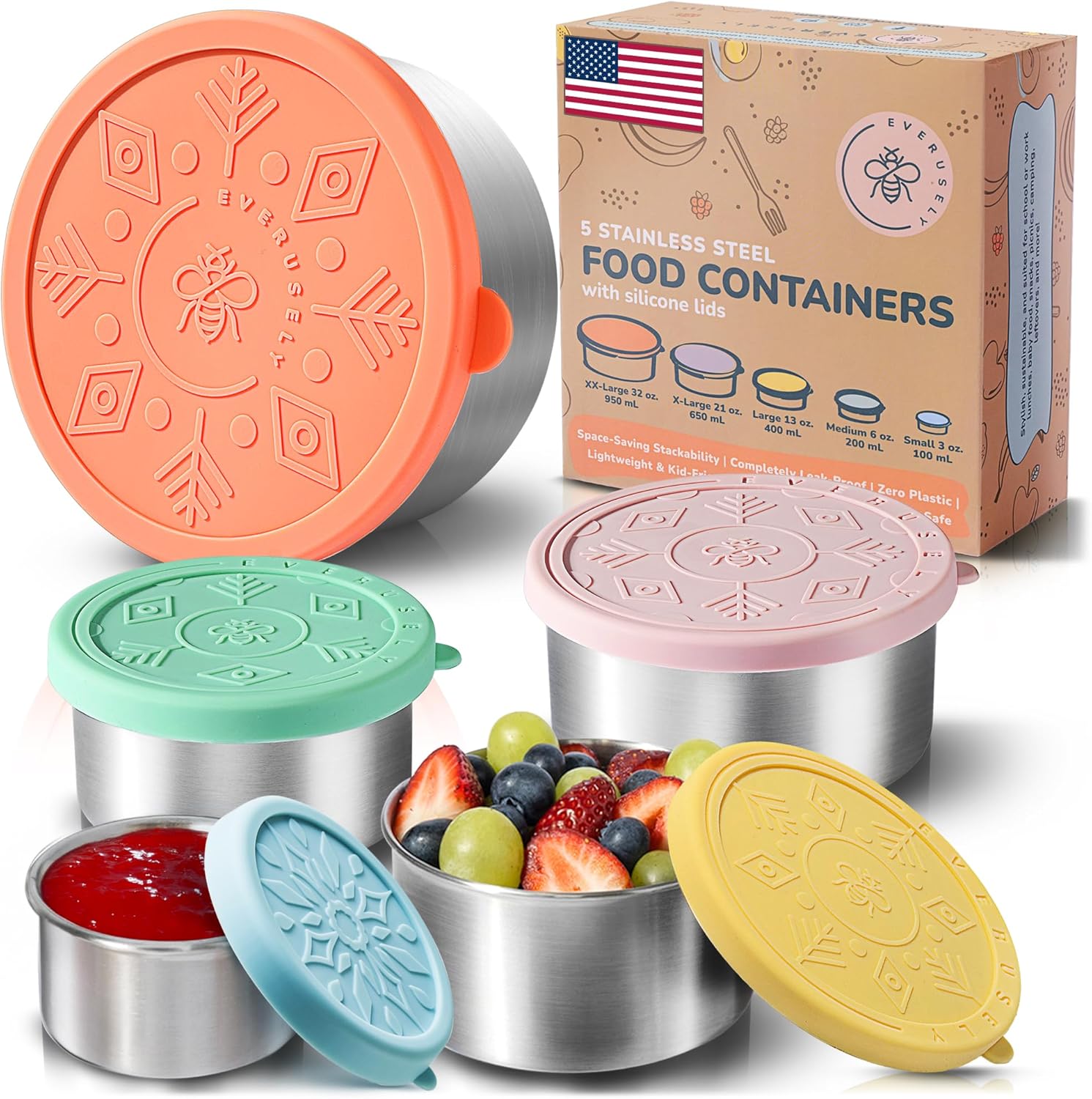 Everusely Stainless Steel Food Containers with Silicone Lids Set of 5 Leakproof Reusable Lunch & Snack Boxes for Kids & Adults 304 Food-Grade Steel & Airtight Seal Ideal for Meal Prep & Travel