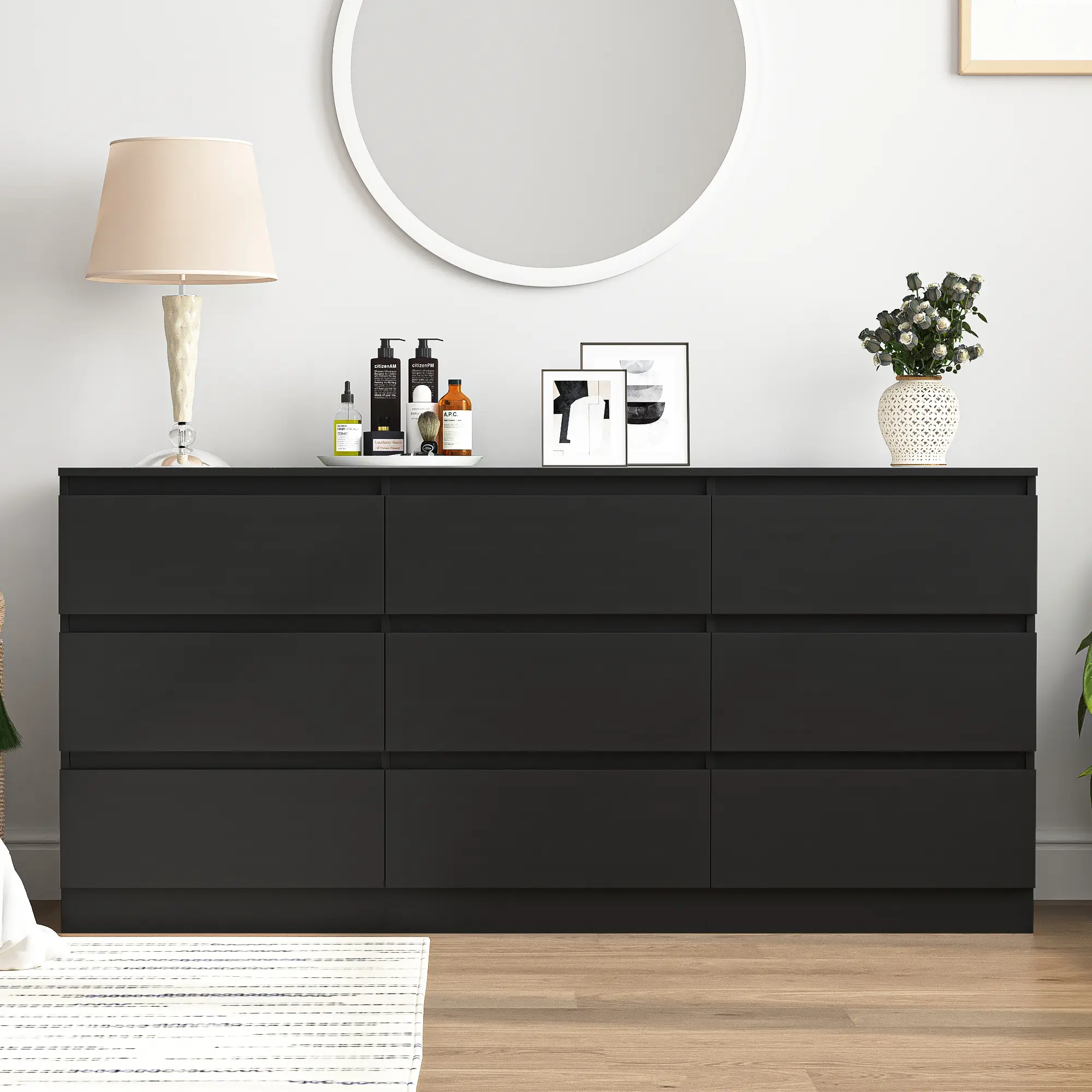 Spaco Modern 9-Drawer Wide Black Wood Dresser - Silent-Open Hidden Storage Cabinet with Wide Base, Bedroom Items for Storage Organization, Indoor Furniture Cupboard,dorm essentials,home decor