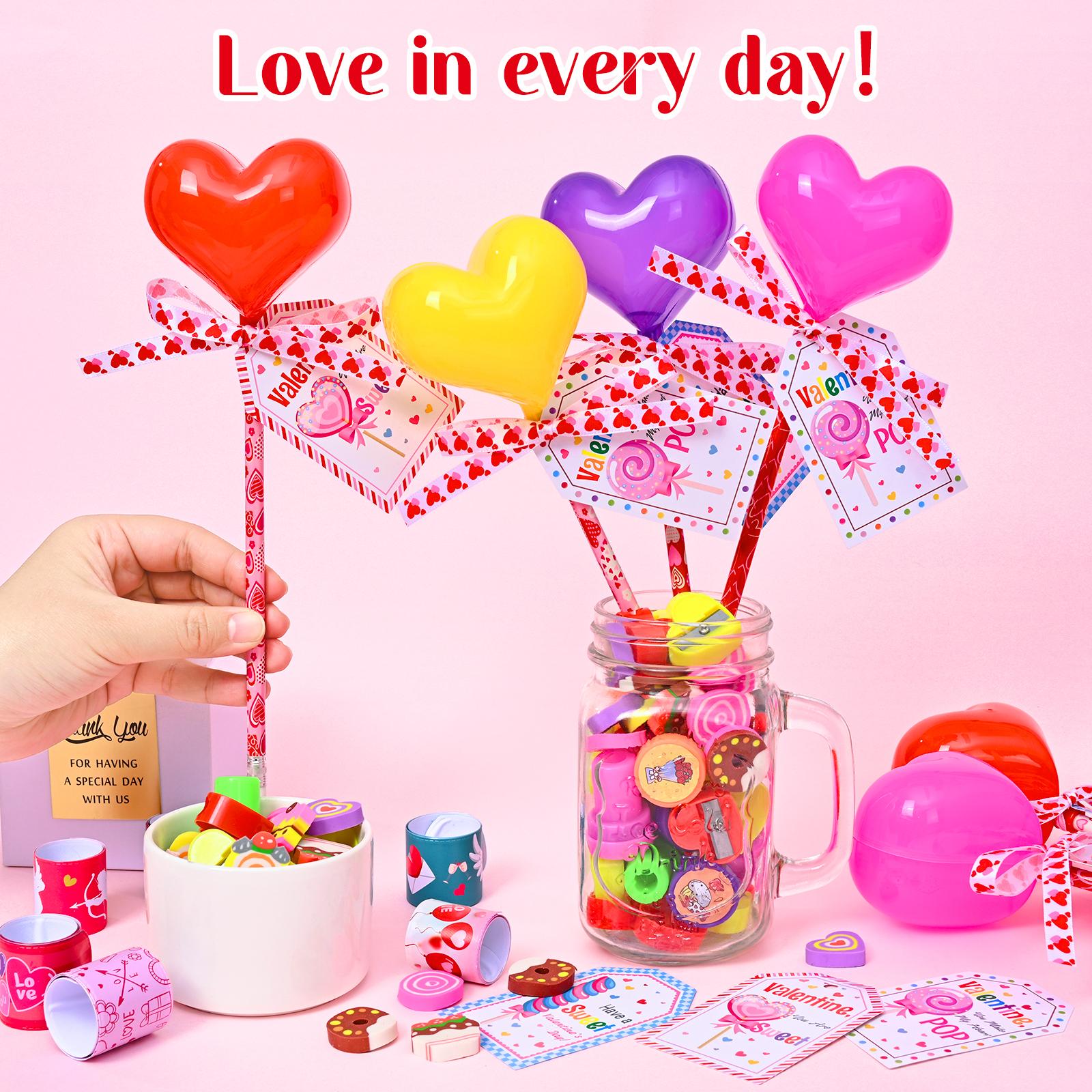 30 Pack Valentines Day Gifts for Kids - Glowing Heart Lollipop-Shaped Stationery Set with Valentine's Cards for School Classroom Class Party Favor Classroom School Exchange Birthday Party Gift