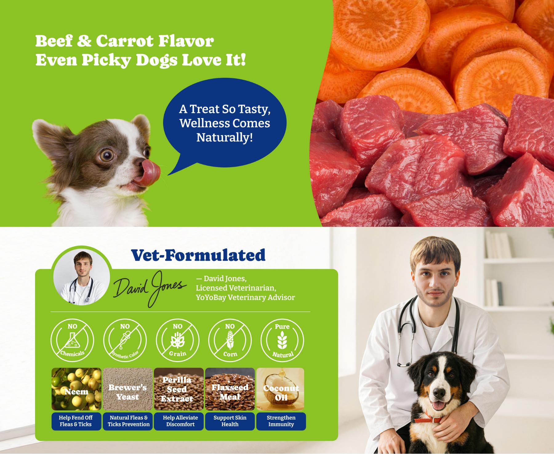 Flea & Tick Prevention for Dogs Chewables, YoYoBay Natural Dog Fleas and Ticks Control Supplement, Dogs Supplement, Natural Shield 5-in-1 Protection, Beef & Carrot Flavor, 70 Soft Chews Flea & Tick Prevention for Dogs Chewables, YoYoBay Natural Dog Fleas and Ticks Control Supplement, Dogs Supplement, Natural Shield 5-in-1 Protection, Beef & Carrot Flavor, 70 Soft Chews