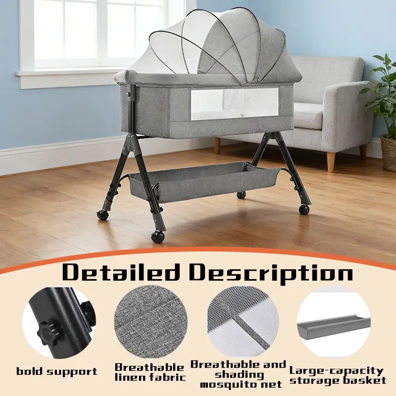 Bassinet Bedside Sleeper, Rocking Bassinets with Comfy Mattress and Wheels for Newborn, 5-Height Adjustable