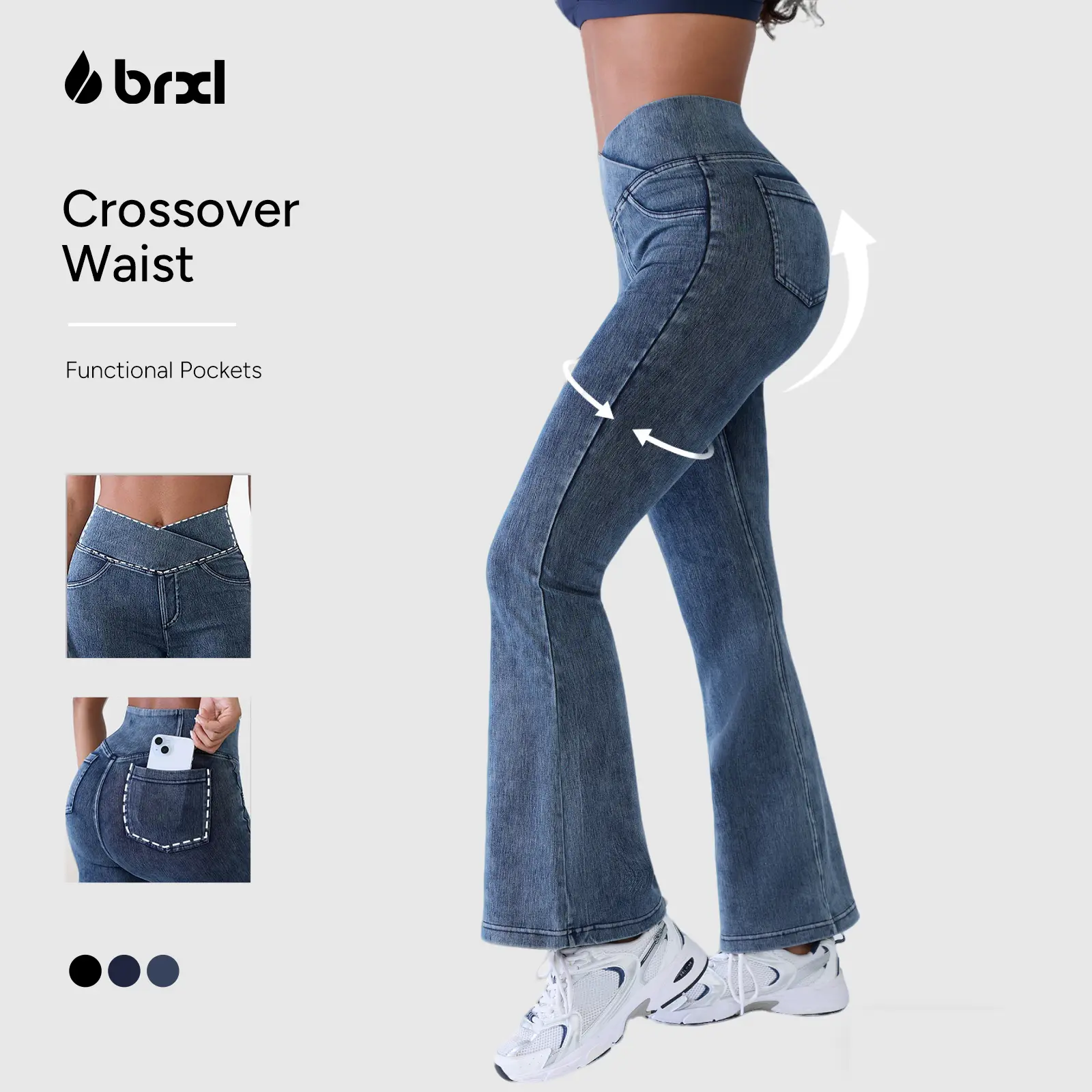 BRXL Women's High Waisted Fitted Basic Stretchy Denim Sports Bottoms Flare Crossover Bell Bottom Pants with Pockets Streetwear Clothes for Summer Beach Outdoor Fun summerwins  #summer outfits #4th of july outfits #cute summer outfits #vacation outfits