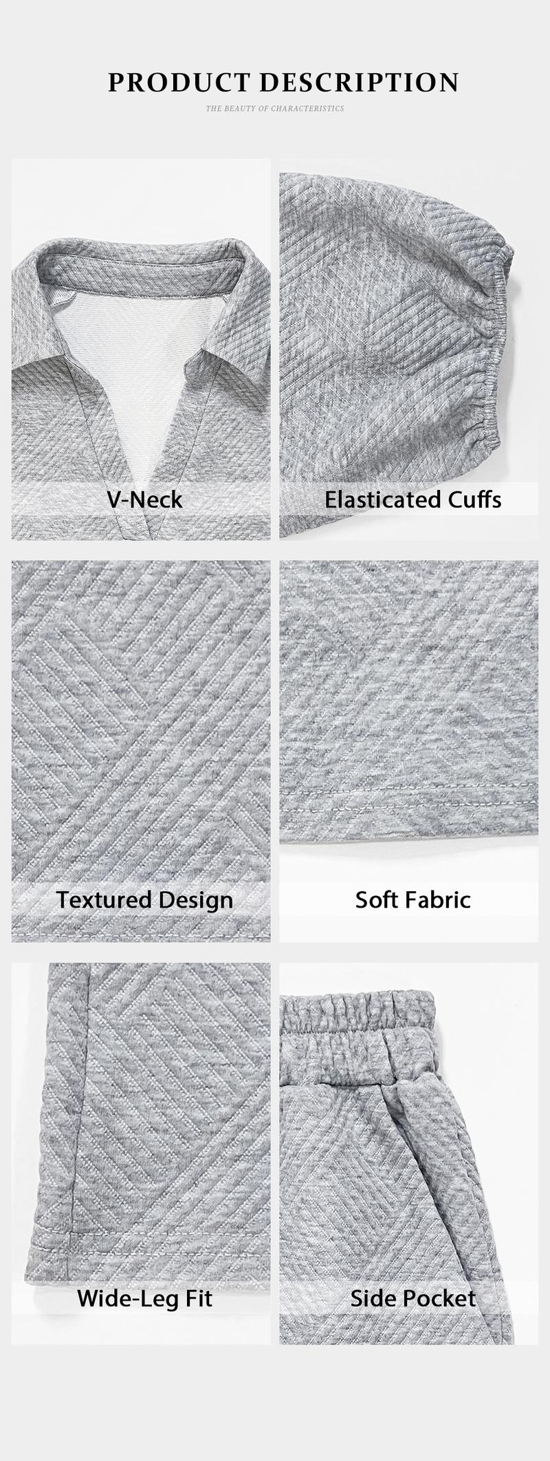 KatchMe Women's Slouchy Solid Color V-Neck Loose Textured Pullover & Drawstring Waist Trousers Co-ord, Minimalist Two Piece Outfits, Soft Womenswear