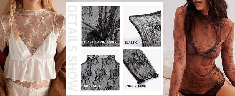 YeeZaa Lace Mesh Floral Boho Tops for Women 2026 Spring Summer Long Sleeve Blouse Sheer Mock Neck Layering Bolero Shrug See Through Cropped Y2K Going Out Tops Fit Elegant Curvy Casual