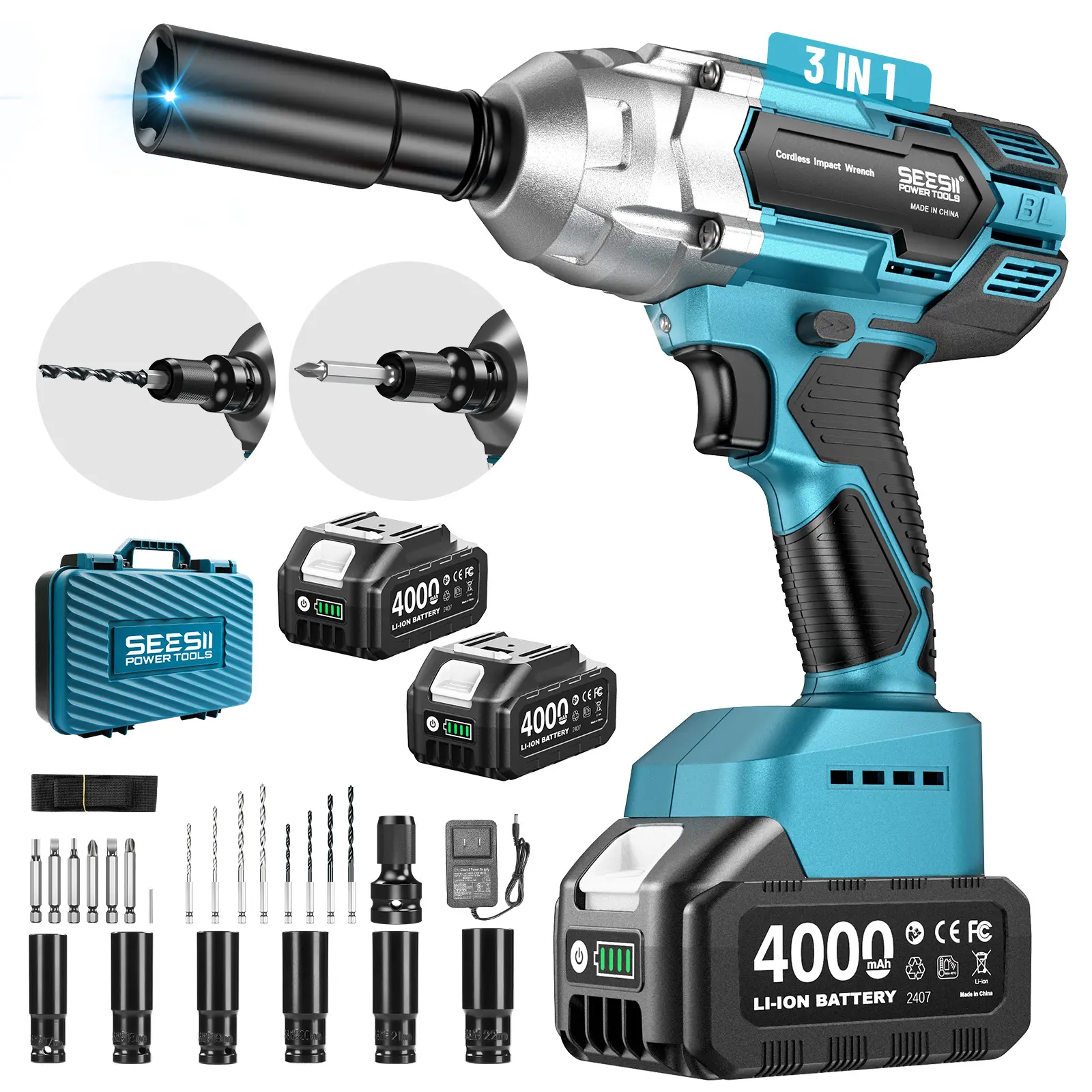 SEESII 3‑in‑1 Cordless 1/2 Inch Impact Wrench, 1000N.m High Torque Brushless Impact Driver, 3300RPM Heavy‑Duty Power Tool Kit, 2 Pack 4.0Ah Batteries, 6 Sockets, Drill & Screwdriver Bits for Automotive & DIY, WH6 Lite
