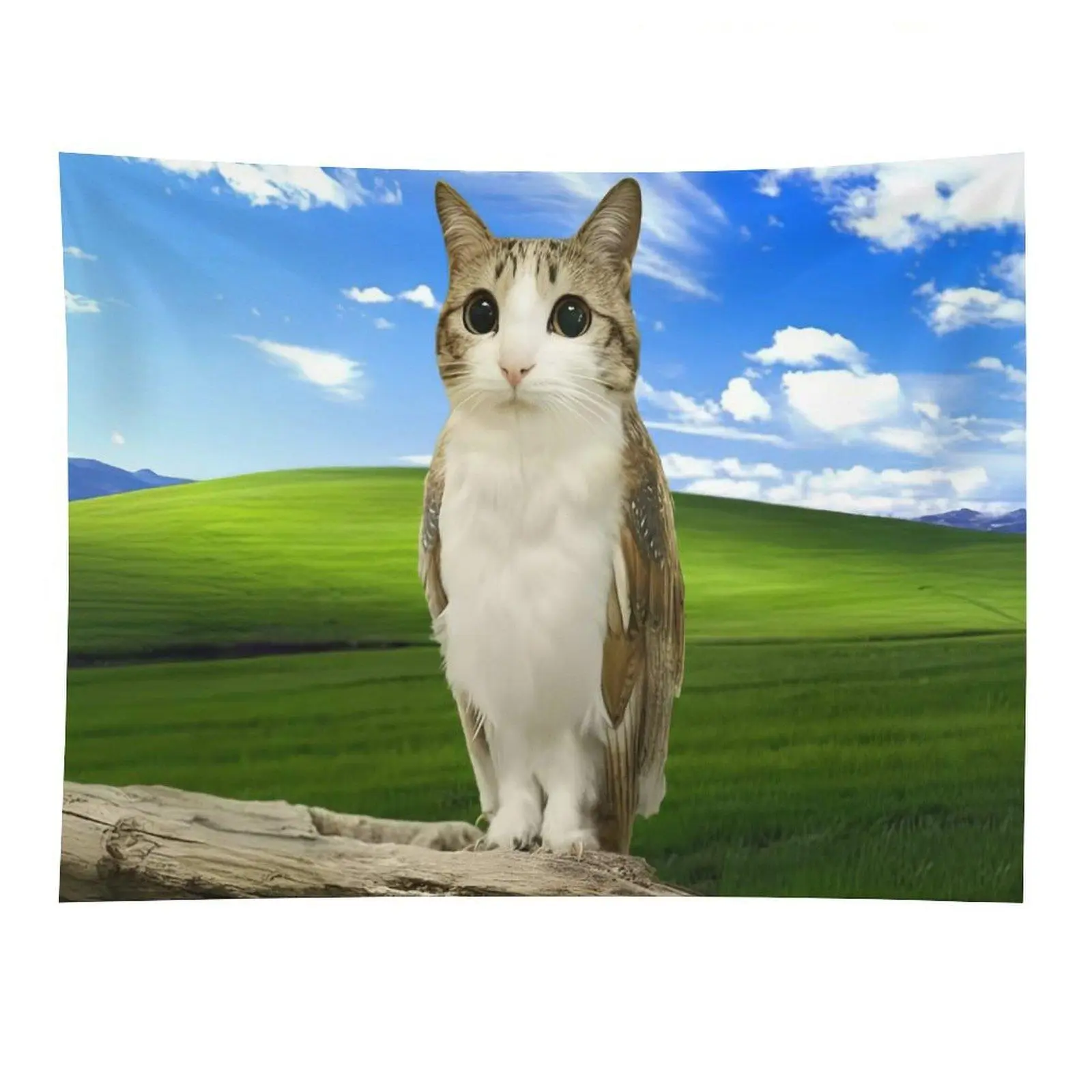 Cute Cat Owl Hybrid Tapestry Funny Animal Mashup Green Field Sky Wall Hanging for Bedroom Dorm Decor
