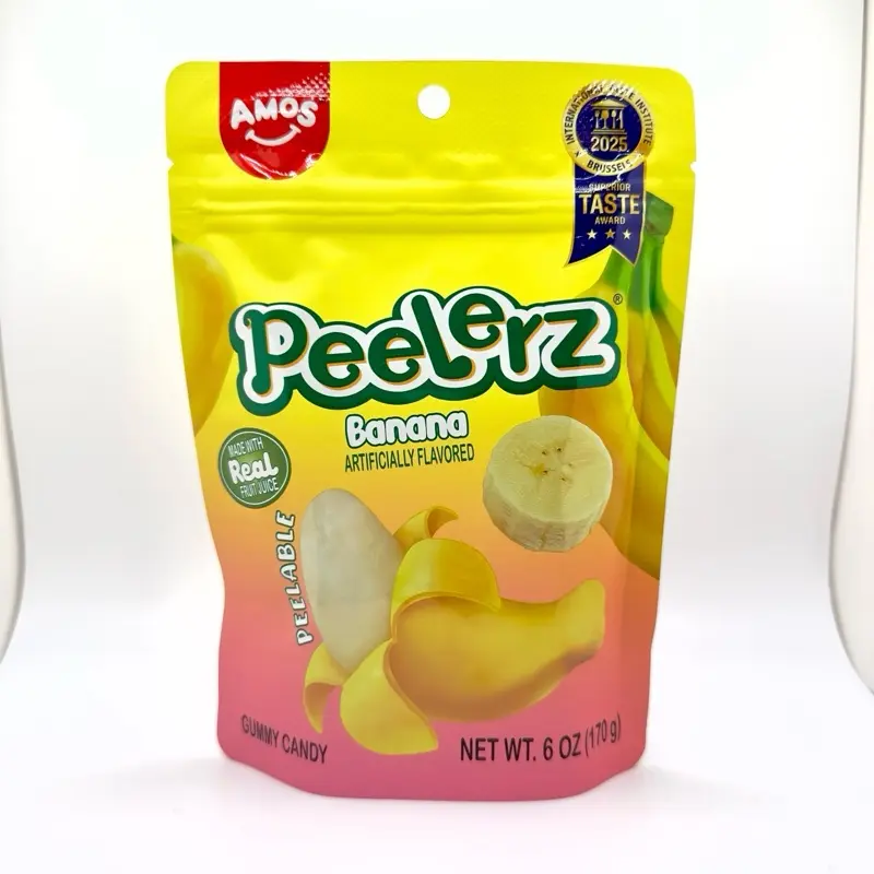 Amos Peelerz Peelable Banana-Shaped Soft Gummy Candy - 6 oz (170g) Chewable Novelty Fruit Candy, Artificial Sugar-Free, GMO-Free, Gelatin-Infused, Glycerin-Added, Juicy Tropical Tangy Party Snack in Resealable Bag, Fun and Satisfying to Eat