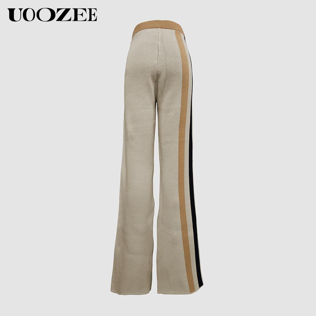 UOOZEE Loose Striped Round-Neck Pullovers Sweater Tops & Loose Wide Leg Striped Casual Pants Set Viscose Nylon Knitting Women's Clothing Suits Long Sleeve(The bottom is a bit small. It is recommended to choose one size larger)