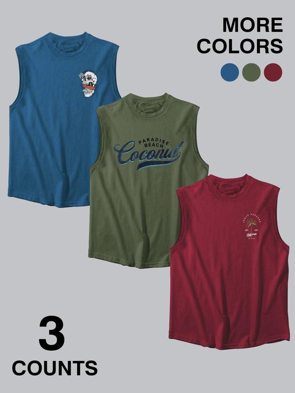 Men's Coconut Tree & Skull Print Tank Top, Loose Casual Soft Comfy Sleeveless Vest for Summer, Men's Top for Beach Vacation