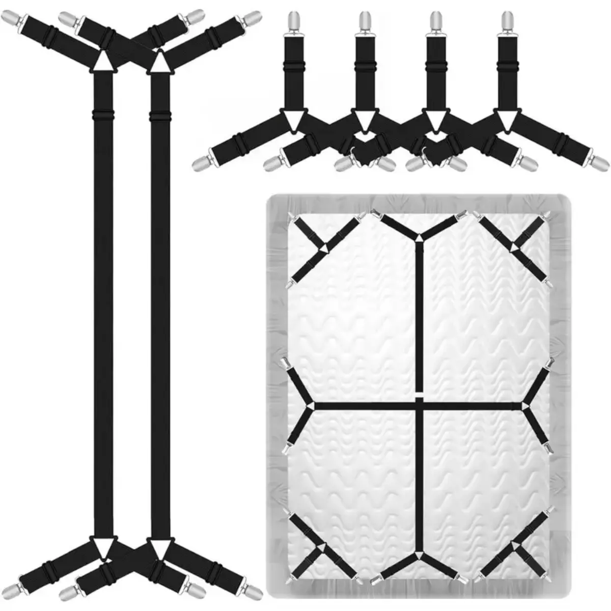 6 PCS Black Bed Sheet Straps - Adjustable Holders with Metal Lock Buckles, Plastic Clenching System, Triangle Design for Full Size Bed Corners & Full Size Mattress, Firm Sheet Grip, Fabric-Safe Secure Hold Bedding Accessory