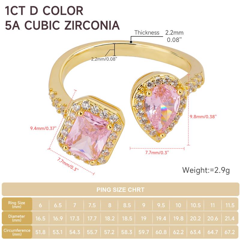 MEIITRUE 14K Gold Plated Statement Rings for Women, Pear & Emerald Cut 5A Cubic Zirconia Rings, Adjustable Open Rings