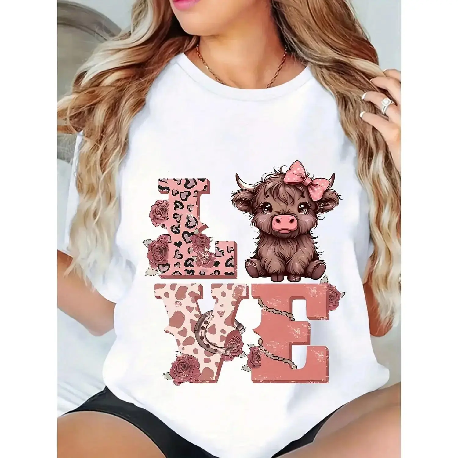 Plus Size Highland Cow Women's Shirt, Casual Chic - Casual Crew Neck Short Sleeve For Daily Wear, Casual Wear, Seasonal Fashion, Comfortable Material, Party Apparel | Fun Graphic Shirt | Comfortable Fit plus size top