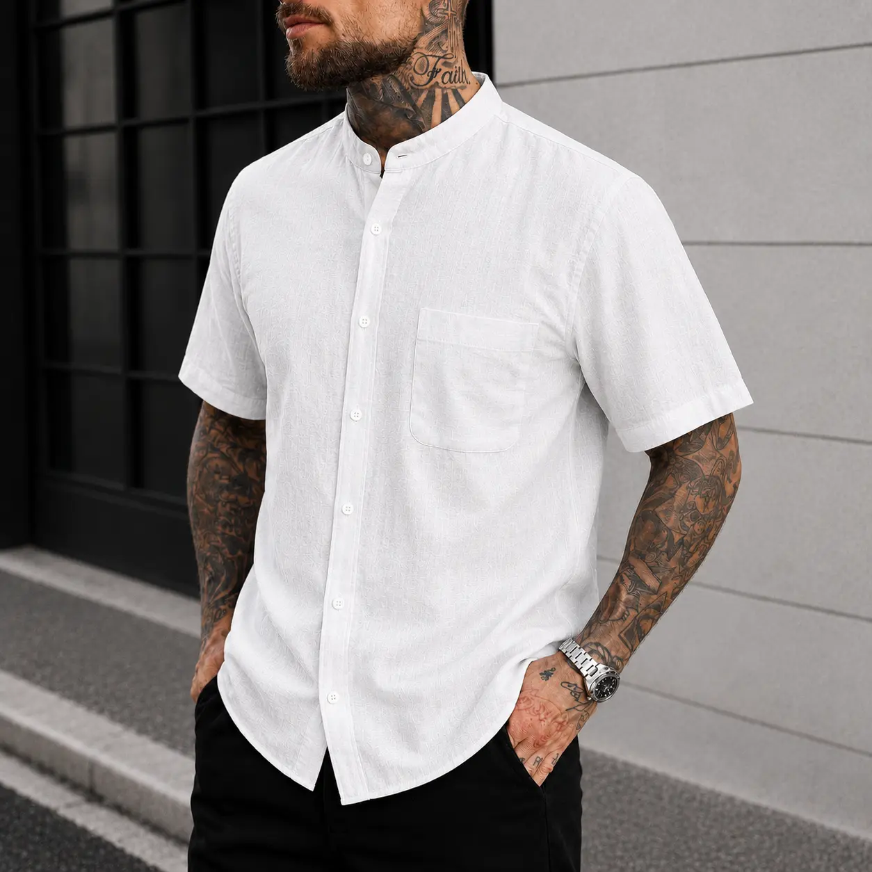 Men's Linen Blend Short Sleeve Shirt Casual Mandarin Collar Button Down Lightweight Breathable Summer Beach Shirt