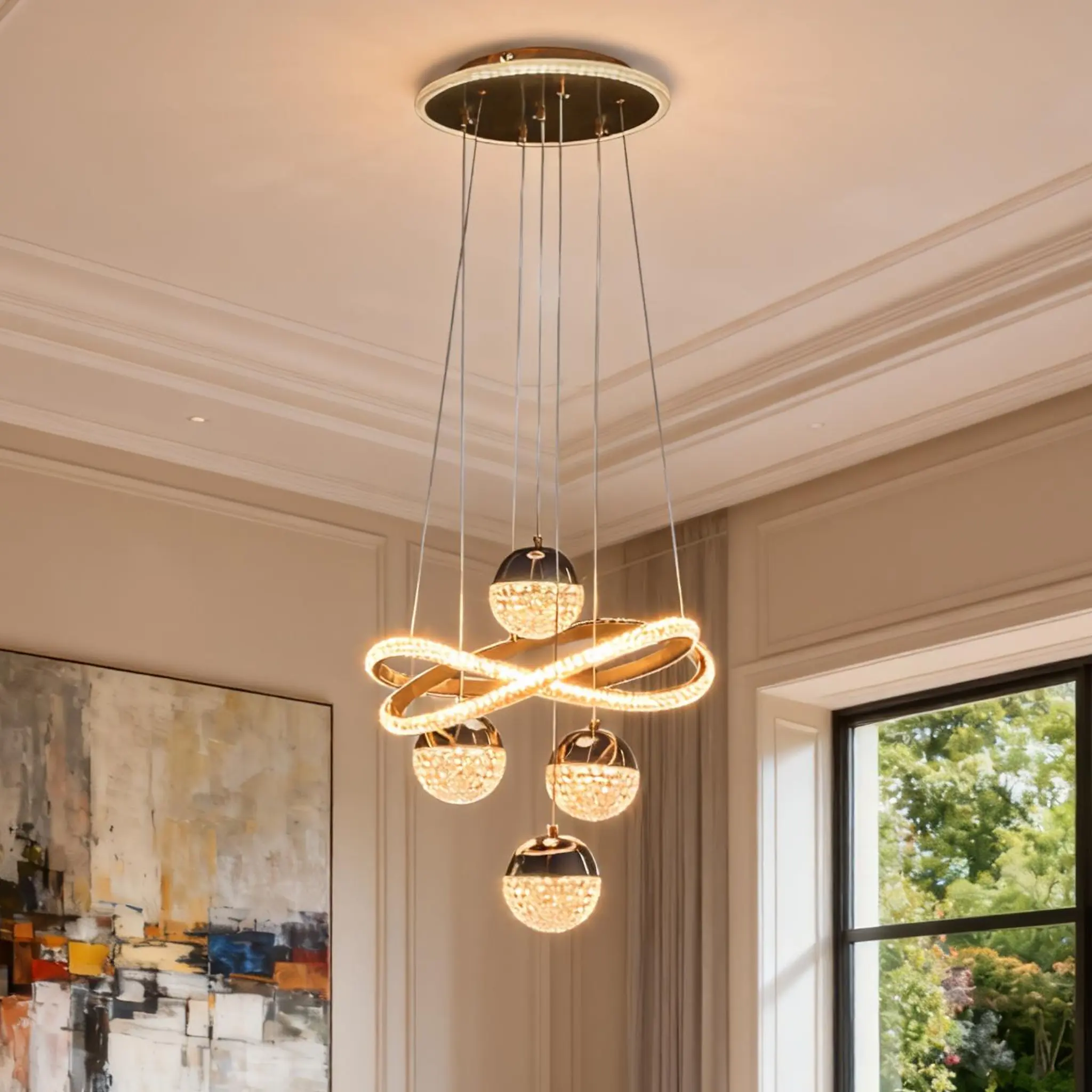 16-Inch Modern Gold LED Pendant Light with Adjustable Cords for Dining Room, Kitchen Island & Hallway