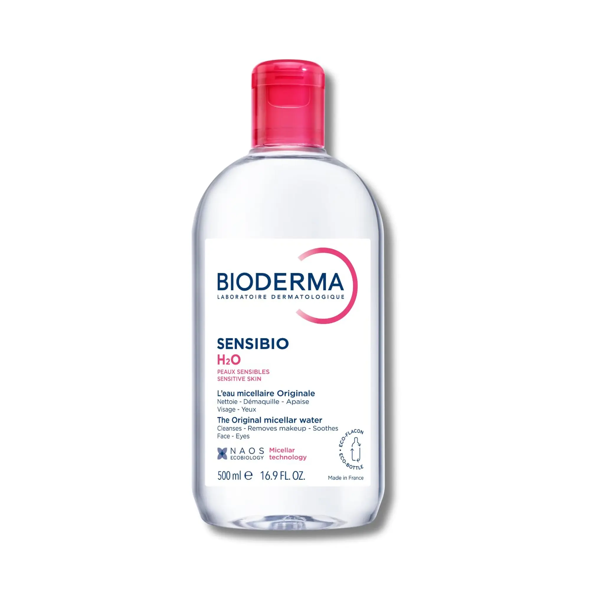 Bioderma Sensibio H2O Micellar Water - 16.9oz Gentle Cosmetic Makeup Remover Cleanser, Pad-Compatible for Sensitive Skin, Cucumber Extract, Alcohol-Free, Hypoallergenic, Non-Comedogenic, Makeup Cleansing, 16.9 Fl Oz, Calming Effect, Face Eyes Lips, Single