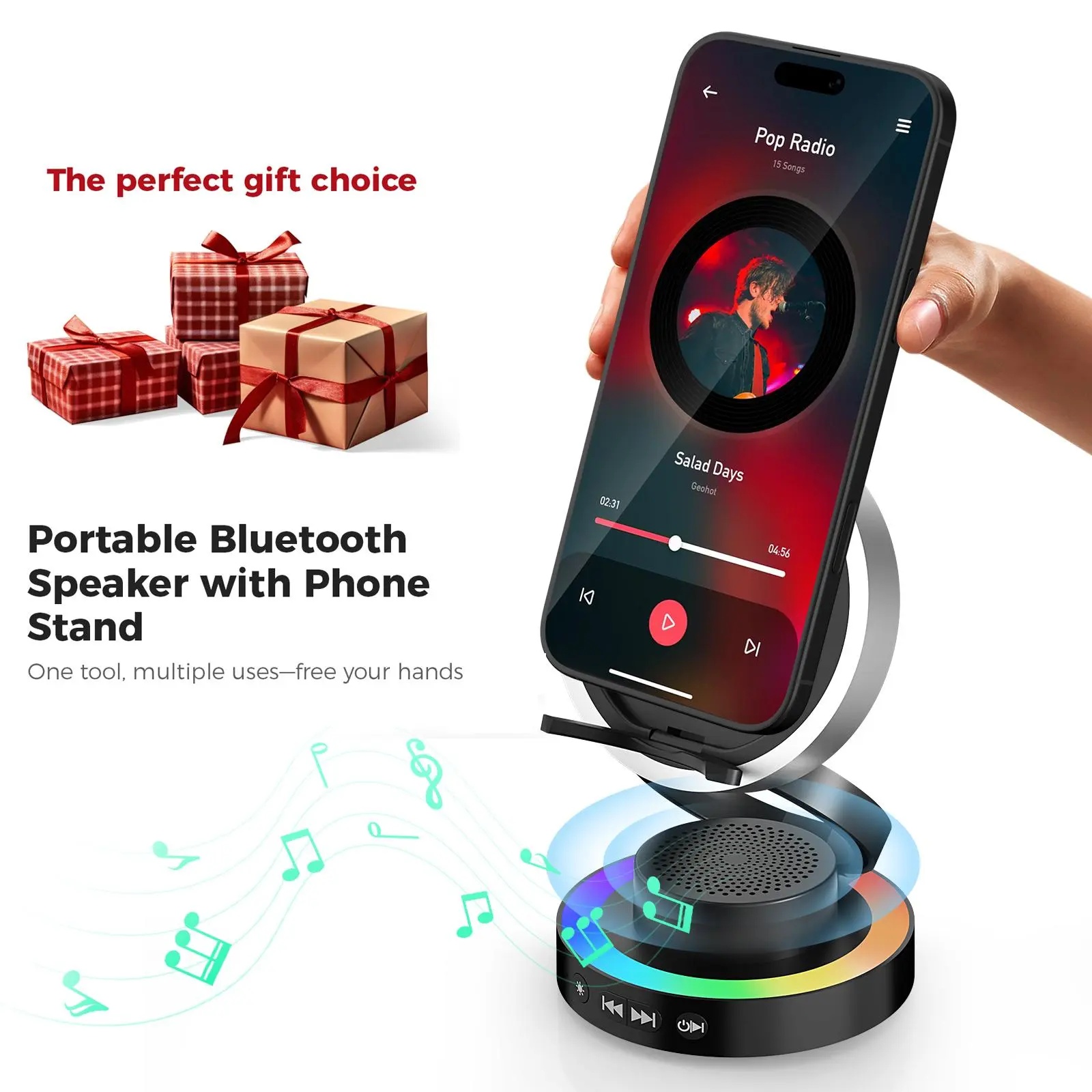 VANOTOM 5-in-1 Portable Bluetooth Speaker Phone Stand - Wireless Bluetooth Speaker with BT 5.3, Built-in Li-ion Power Bank, RGB Ambient Lighting, Foldable Adjustable Holder for Smartphones/Tablets, Folded Storage, Cooking Use, Ideal Gift | backtoschool