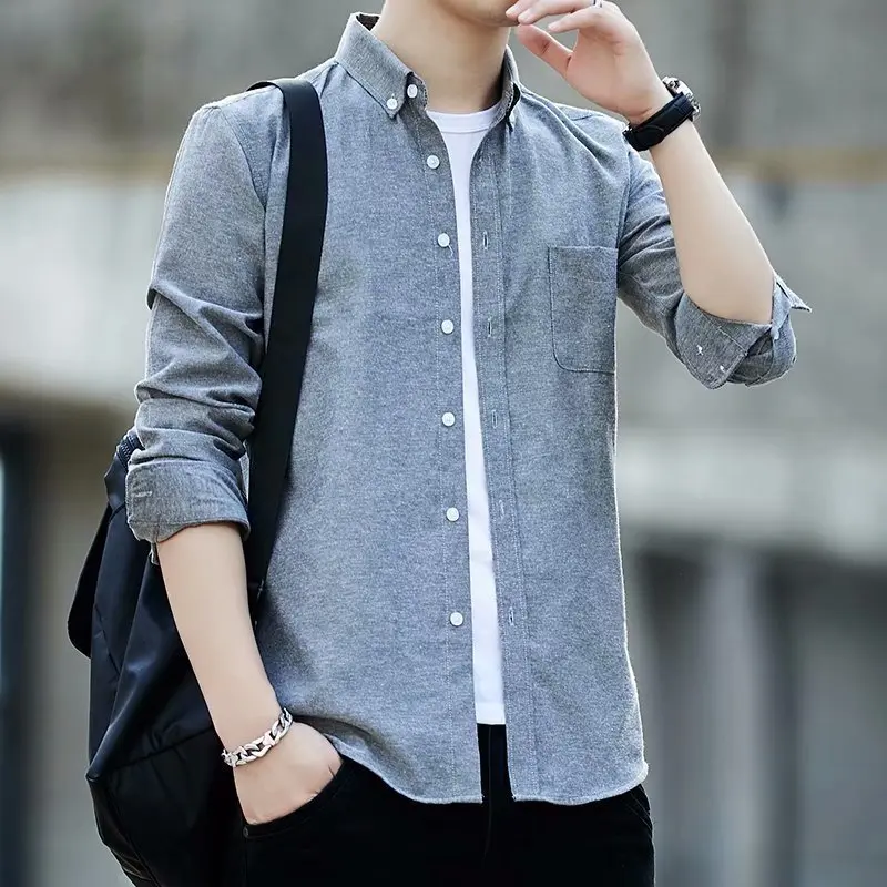 Oxford-cloth Casual Slim-fit Solid-color Shirt For Men
