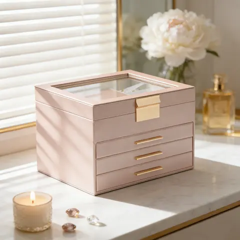 BOOVO Modern Flannel Lined Transparent Glass Lid Jewelry Display Box - 4-Layer Durable Storage Organizer with 3 Drawers, Divided Compartments for Women’s Rings, Earrings