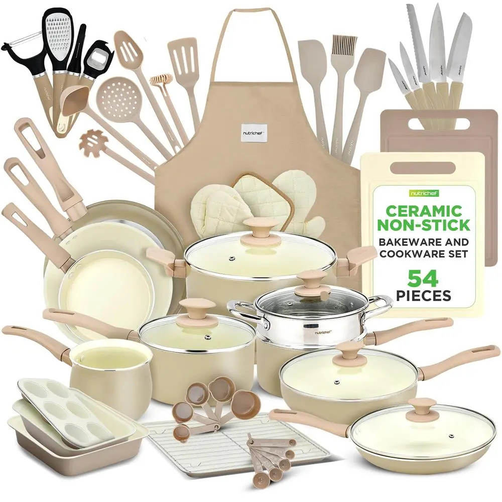 NutriChef 54-Piece Aluminum Nonstick Ceramic Kitchenware Set - Taupe Brown Sauce Pan, Soup Pot, Lids, Utensils, Knife, Gadgets, Cutting Board, Apron, Glove - Gas, Electric, Induction Safe, Sauce Pan Set, Nonstick Cooking Set