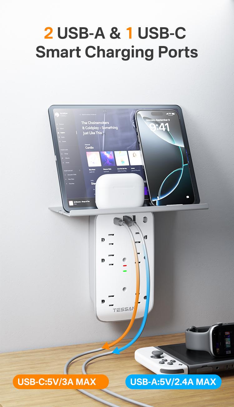 Tessan Wall Outlet Extender with Shelf Night Light Multi Plug Outlets USB Charger 6 AC 2 USB Ports 1 USB C for Home Office