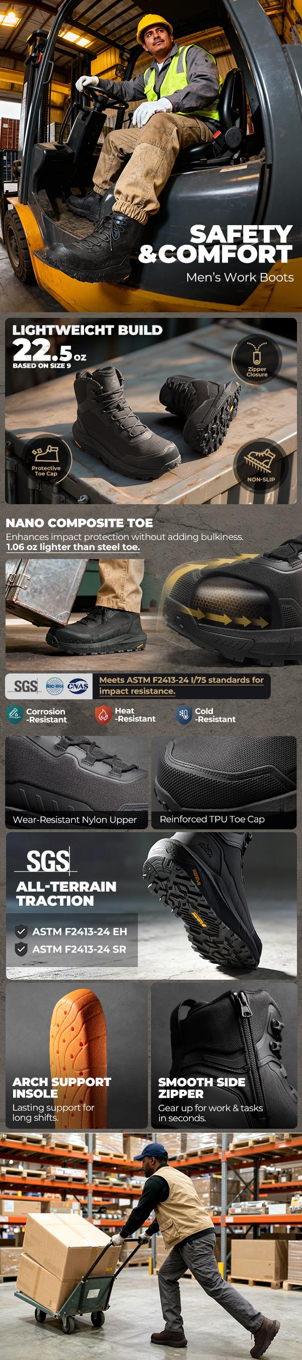 【Nano Composite Toe】NORTIV 8 Composite Toe Boots for Men Safety Work Boots Lightweight Anti-Fatigue Non-Slip with Zipper for Warehouse Construction, Terrascope-nano SpringStatements