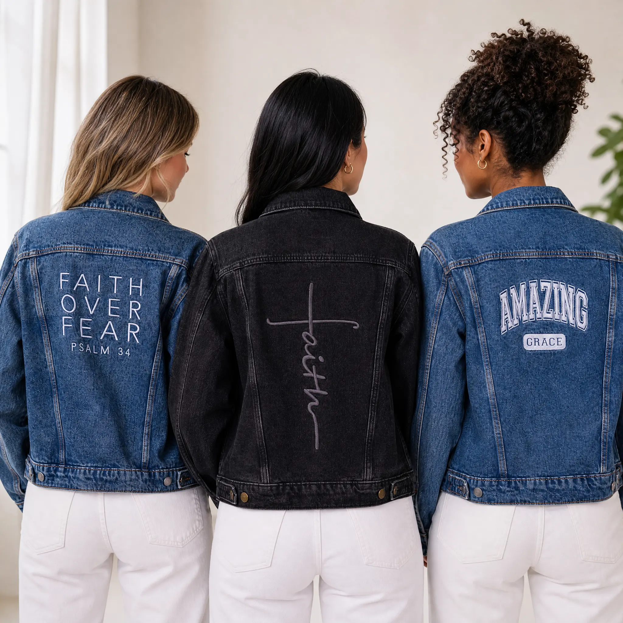 Love in Faith Women's Cotton Embroidered Vintage Wash Denim Jacket, Women's Top with Pockets, Button Front, Back Waist Tabs, Tops, Dress