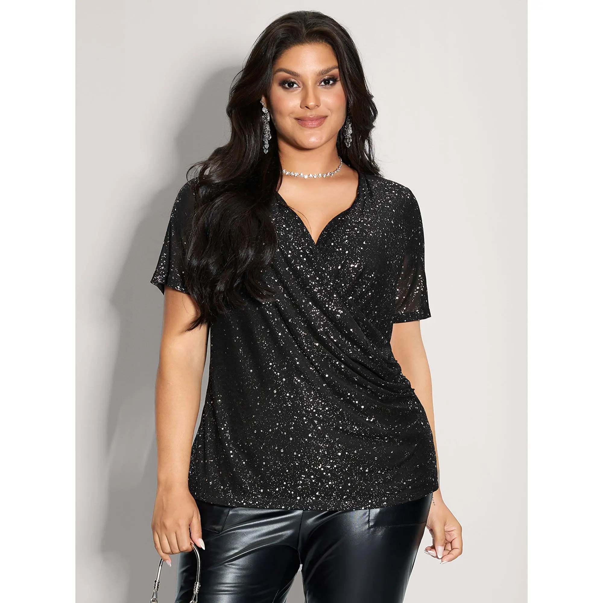 BloomChic Women's Plus Size Shimmer Sequin Wrap Blouse - Sheer Short Sleeves Basic Minimalist Solid Top, Polyester Blend Spandex-Elastane Fabric, Stretchy Breathable, for Cocktail & Vacation Outfits
