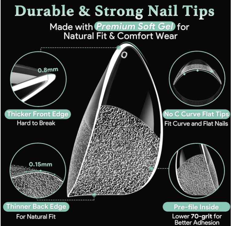 Extra Short Almond Nail Tips - 216pcs Soft Gel Full Cover Fake Nails, 70-Grit Pre-Sanded Matte Clear Press on Nails for Extension, DIY Home Manicure with 12 Sizes